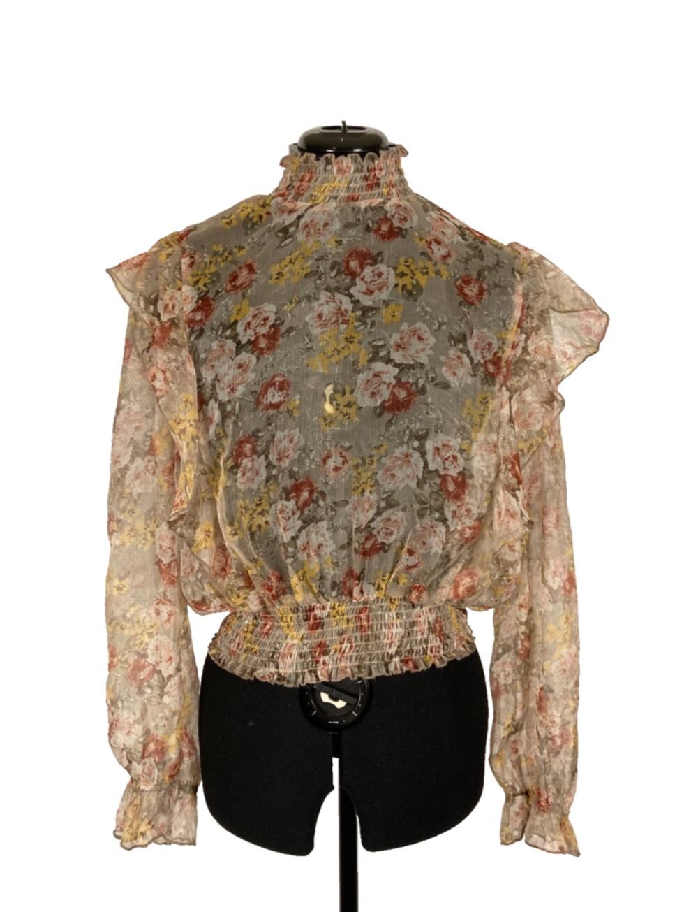 XL LIFE L.I.F.E. sheer mesh floral tan pink ruffle long sleeve blouse edwardian